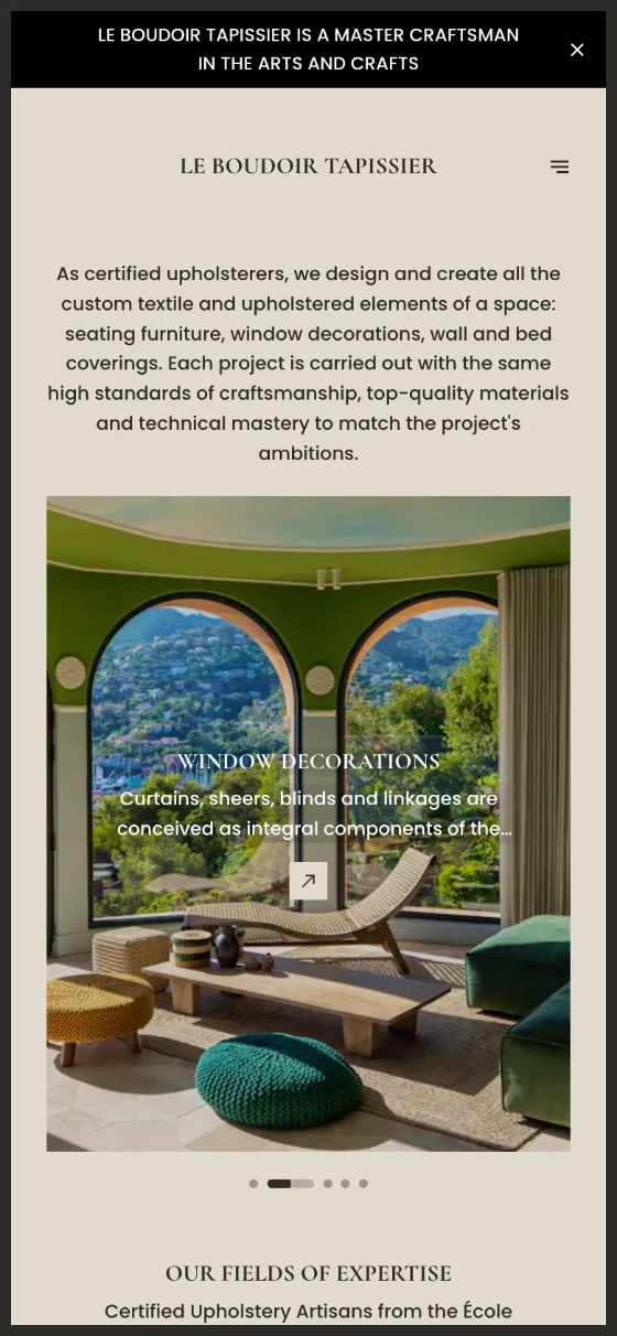 Le Boudoir Tapissier, Artisans & services, page built with Stride